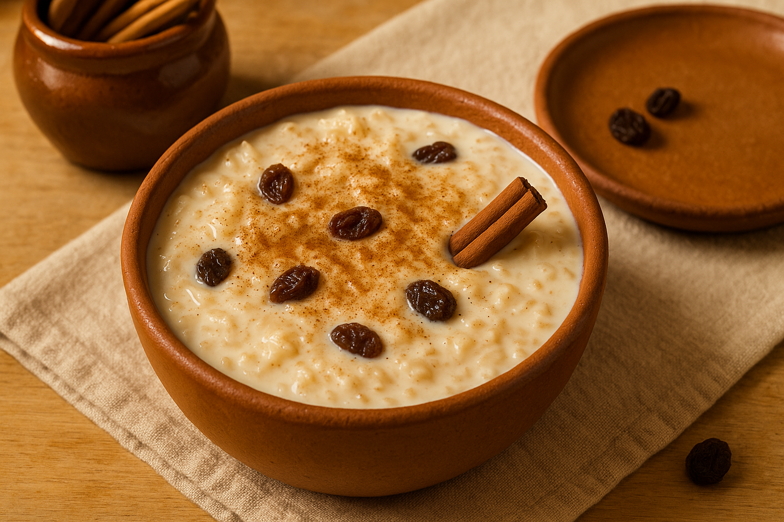 Tazón de arroz con leche cremoso con canela molida espolvoreada y pasas encima