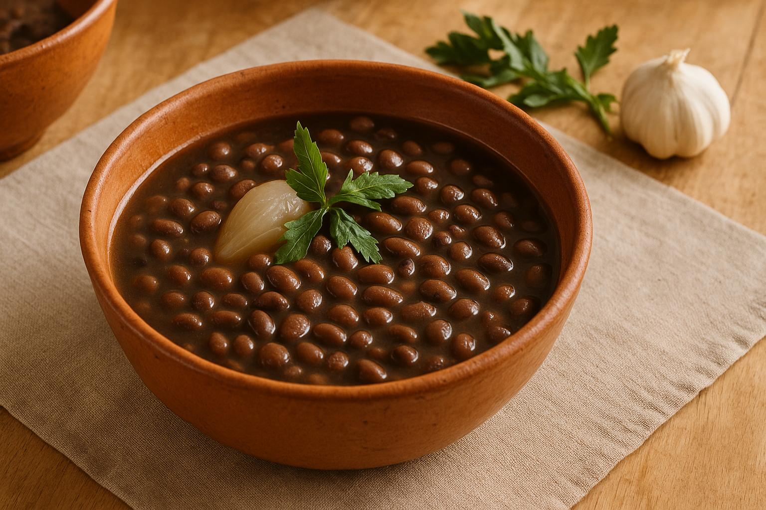 Plato hondo con caldo de frijol negro, queso desmoronado encima y tortillas al lado