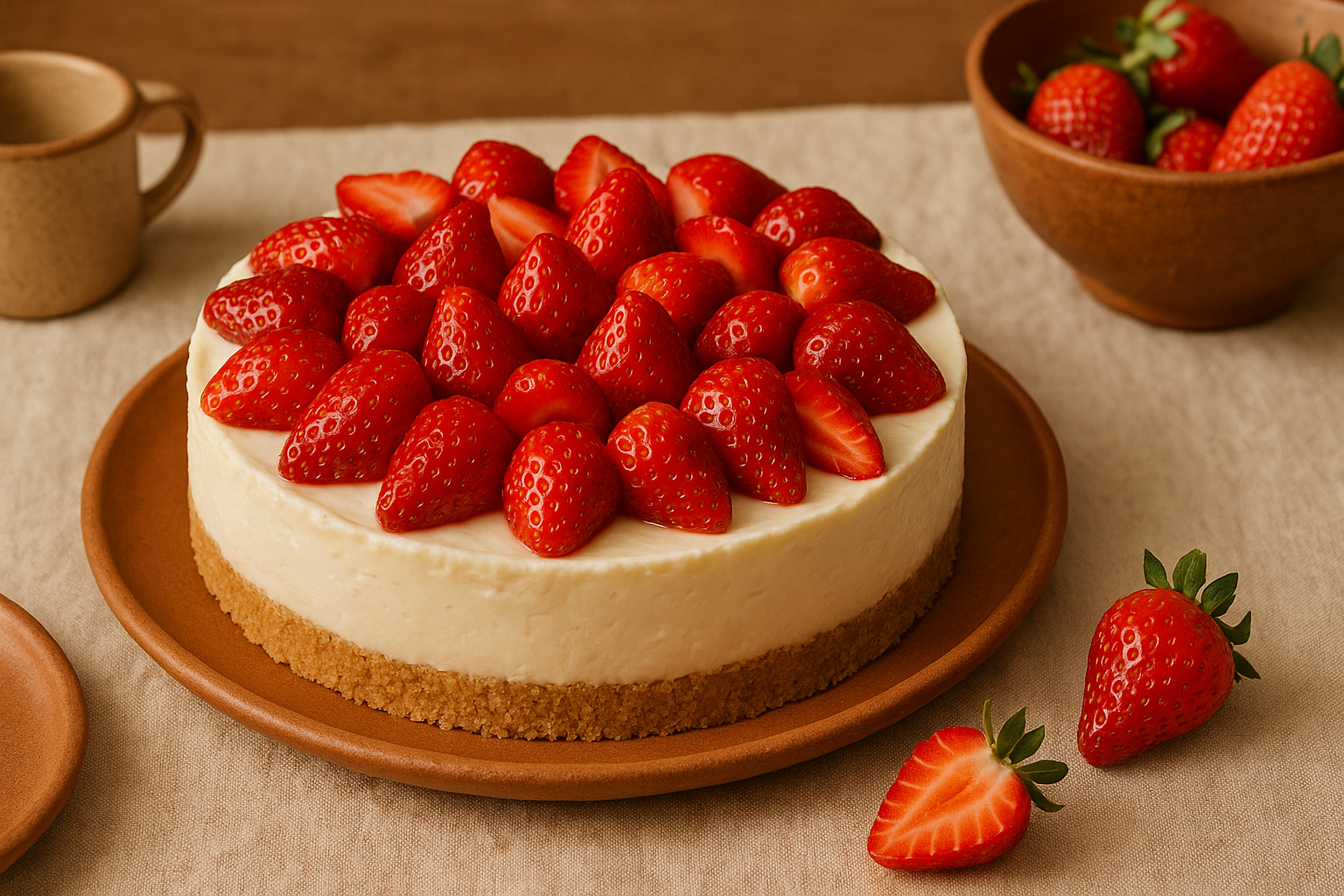 Rebanada de cheesecake sin horno con base de galleta y cobertura de fresas frescas