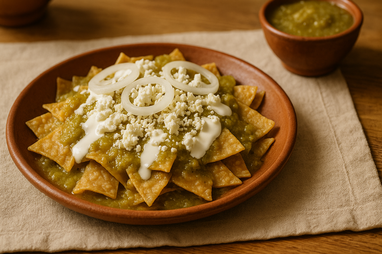 Plato hondo de chilaquiles verdes con totopos bañados en salsa, crema, queso fresco y cebolla en aros