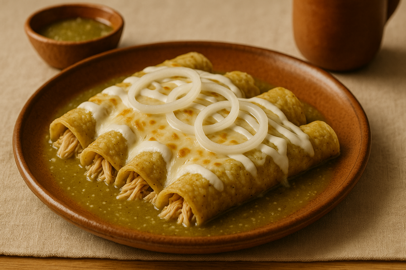 Plato con enchiladas verdes bañadas en salsa de tomatillo, crema en hilo y queso desmoronado