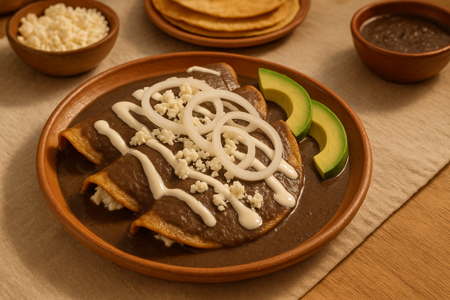 Plato con dos enfrijoladas dobladas bañadas en salsa de frijol negro, queso fresco desmoronado, crema, cebolla en aros y aguacate