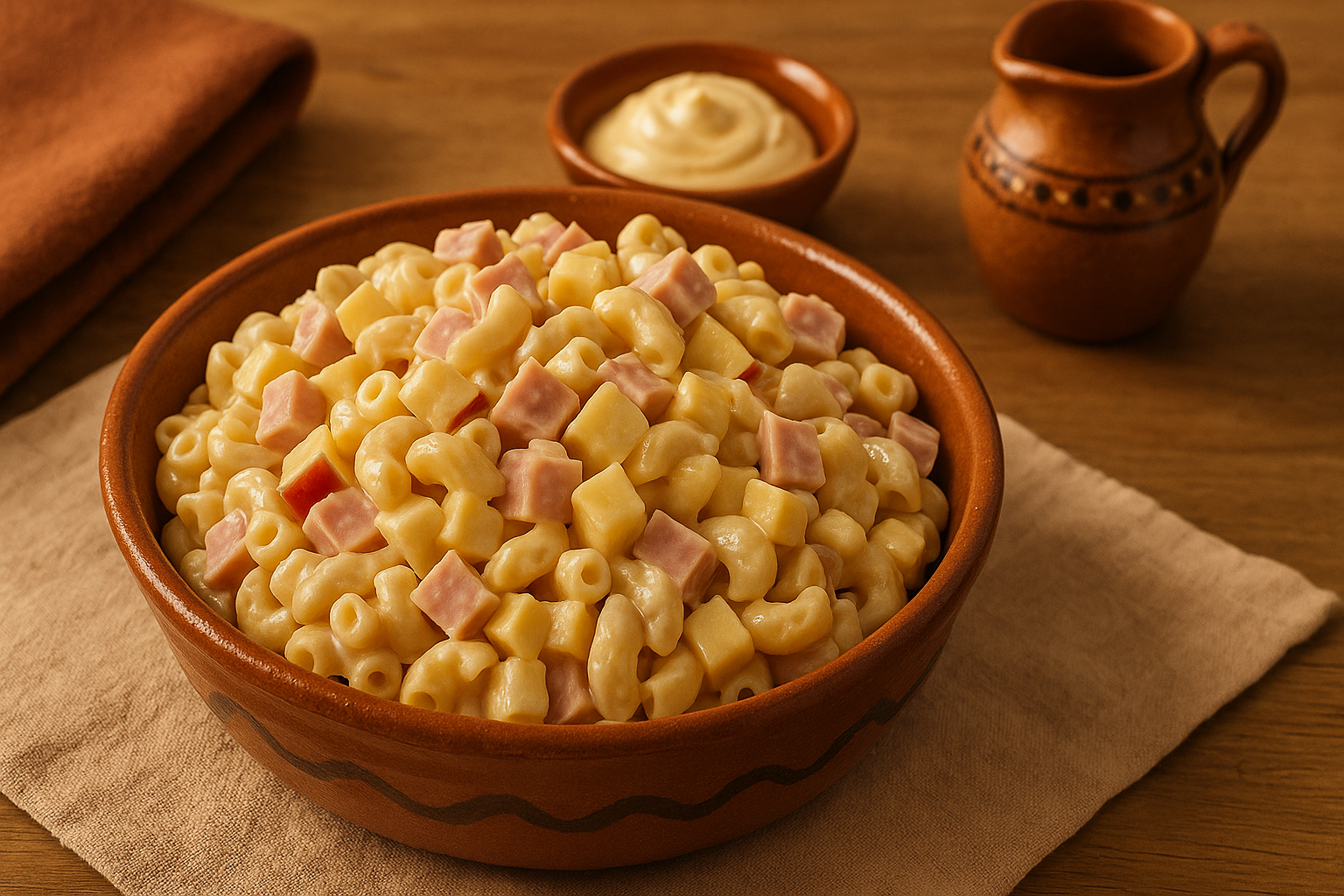 Tazón con ensalada de coditos con jamón, queso amarillo, manzana y chícharos