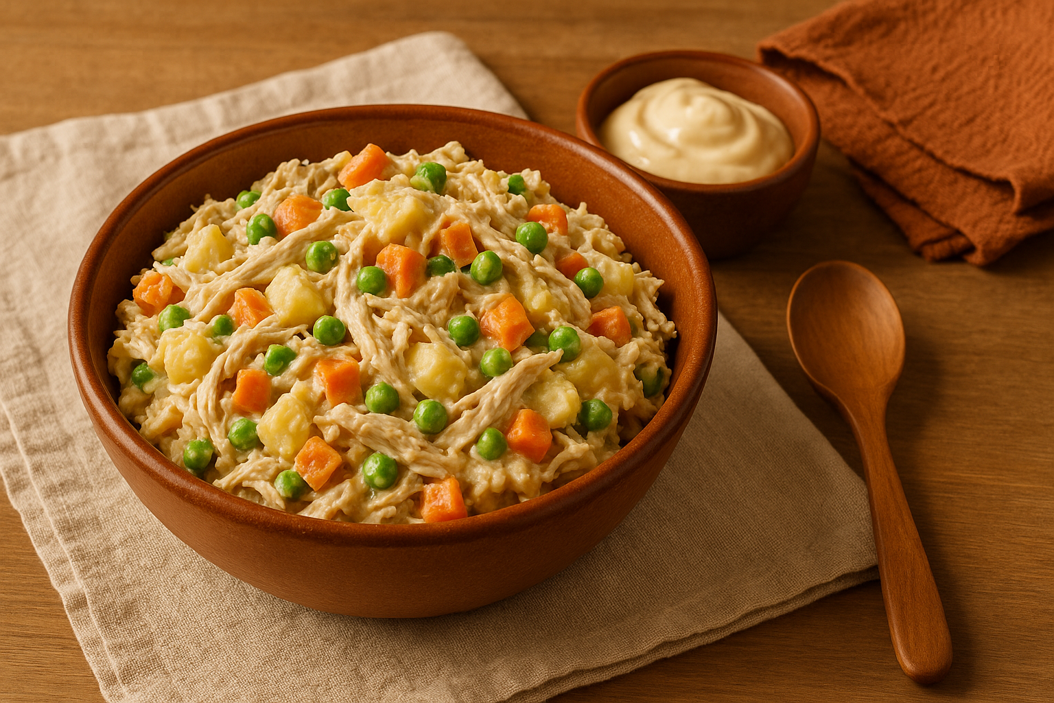 Tazón de ensalada de pollo deshebrado con cubos de papa, zanahoria y chícharos en mayonesa