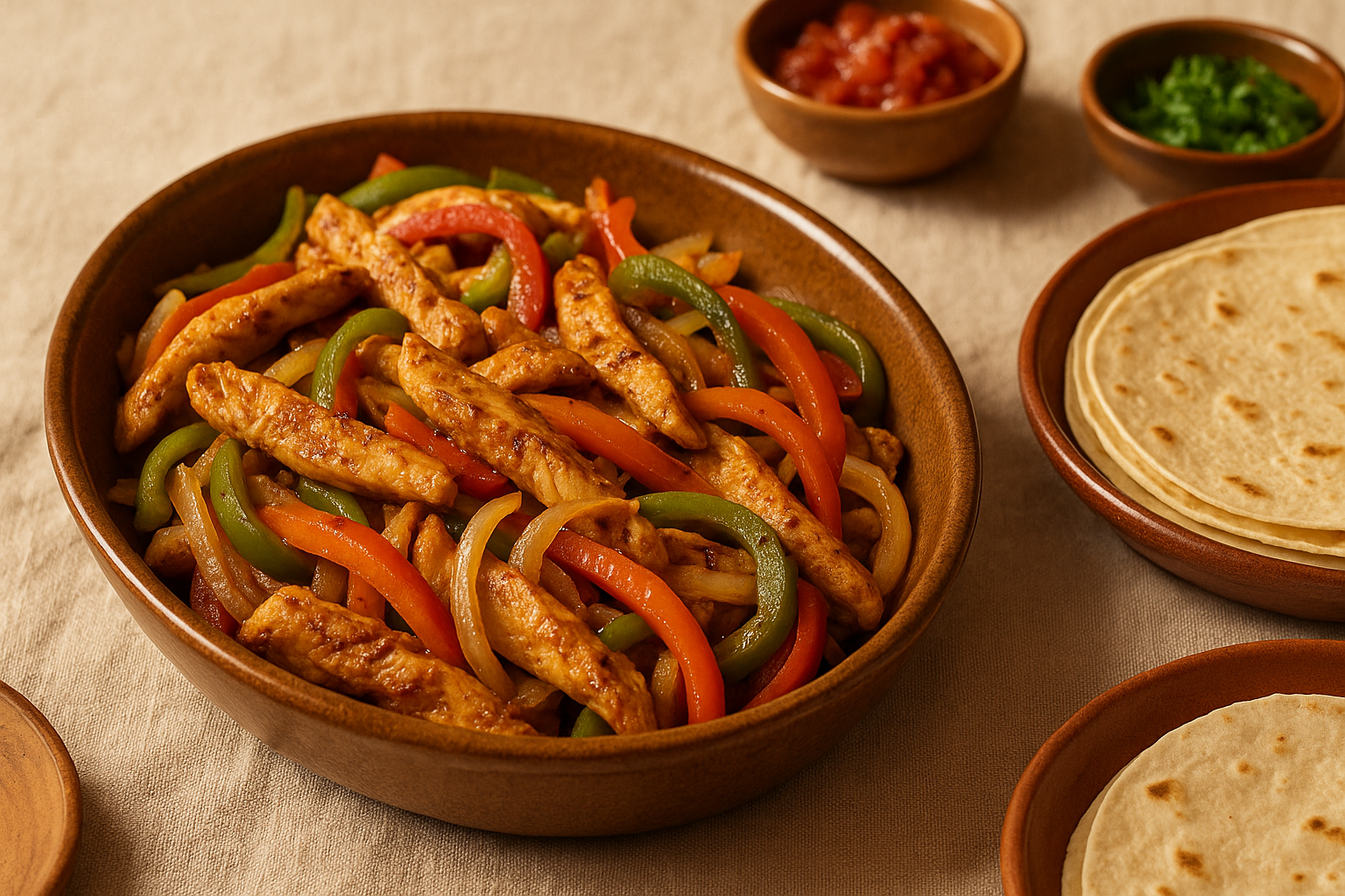 Sartén con tiras de pollo dorado, pimientos rojos, verdes y cebolla blanca