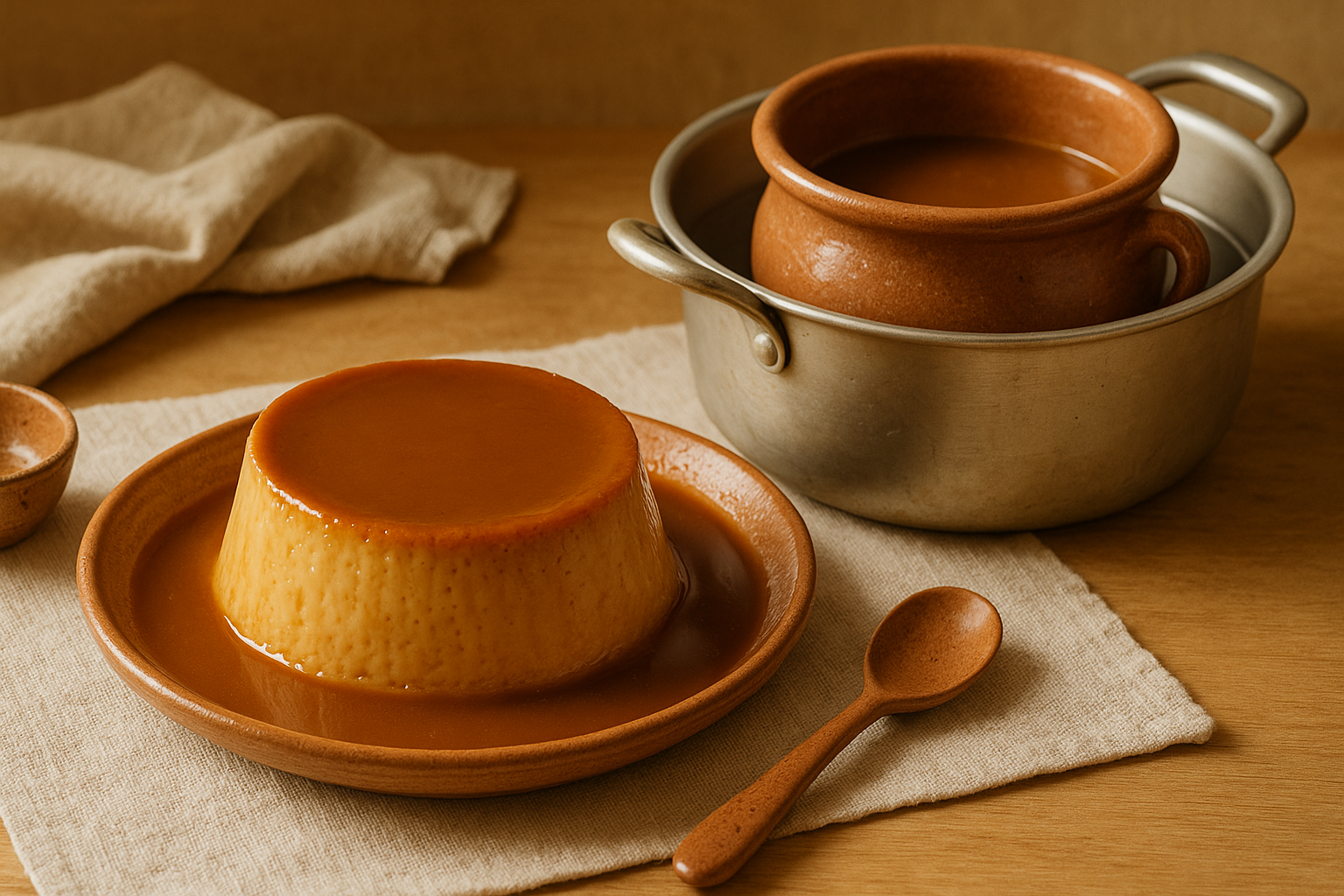 Flan de cajeta desmoldado con caramelo dorado escurriendo y trozos en plato