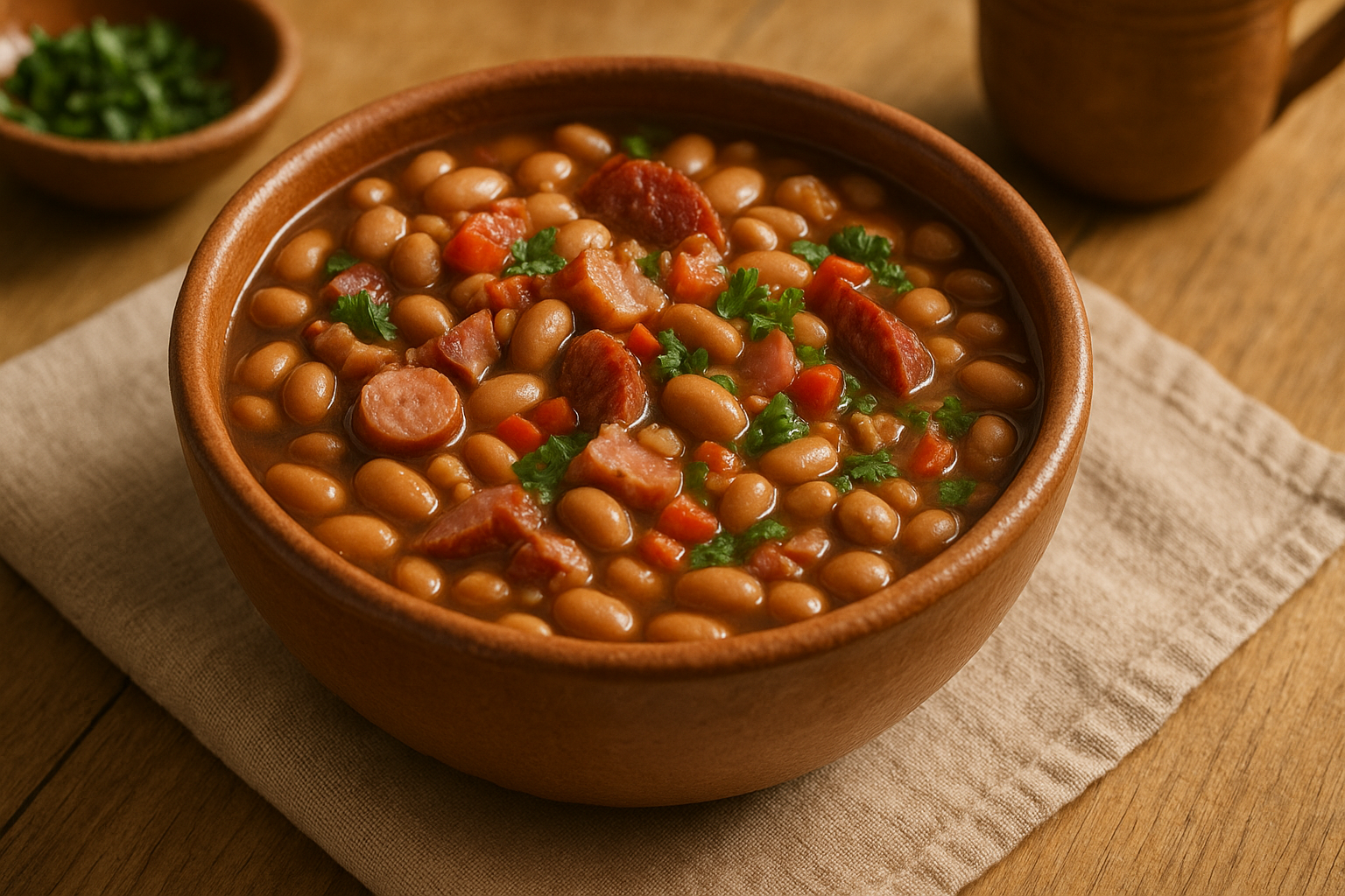 Cazuela de barro con frijoles charros con tocino, chorizo y cilantro fresco
