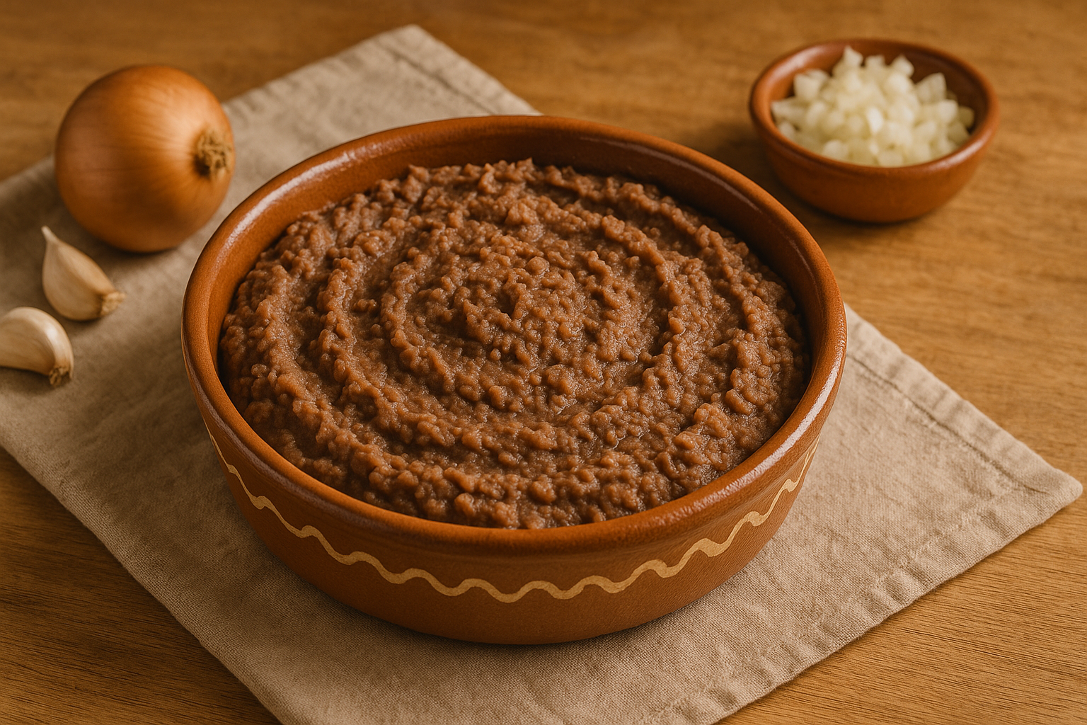 Sartén con frijoles refritos negros untables, cebolla dorada y queso fresco desmoronado encima
