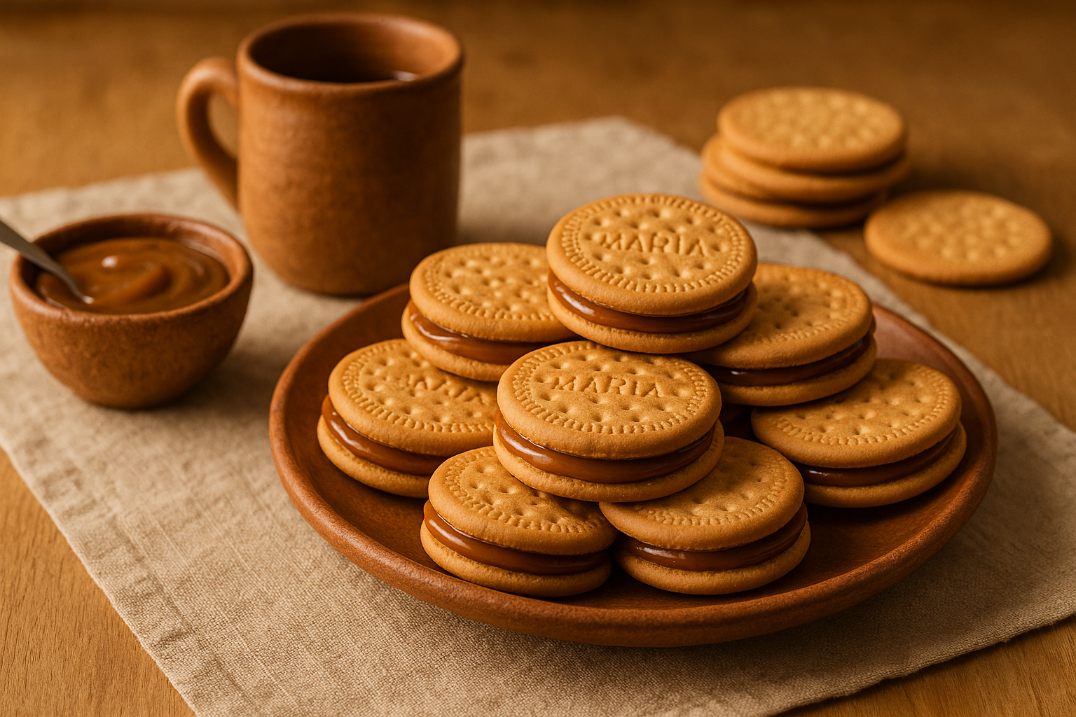 Plato con galletas marías unidas con cajeta y espolvoreadas con azúcar glass