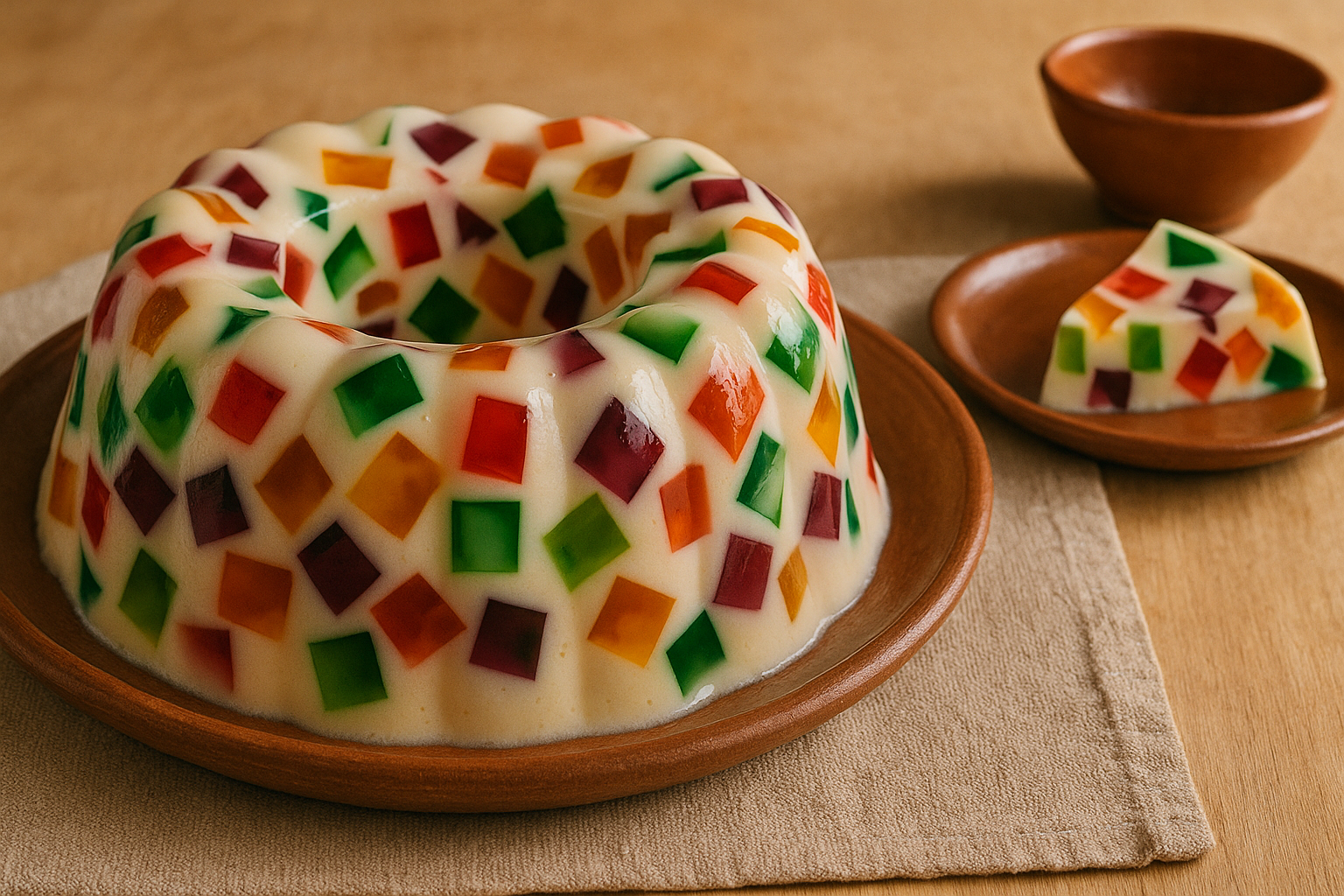 Rebanada de gelatina mosaico con cubos rojos, verdes y amarillos en gelatina cremosa de leche
