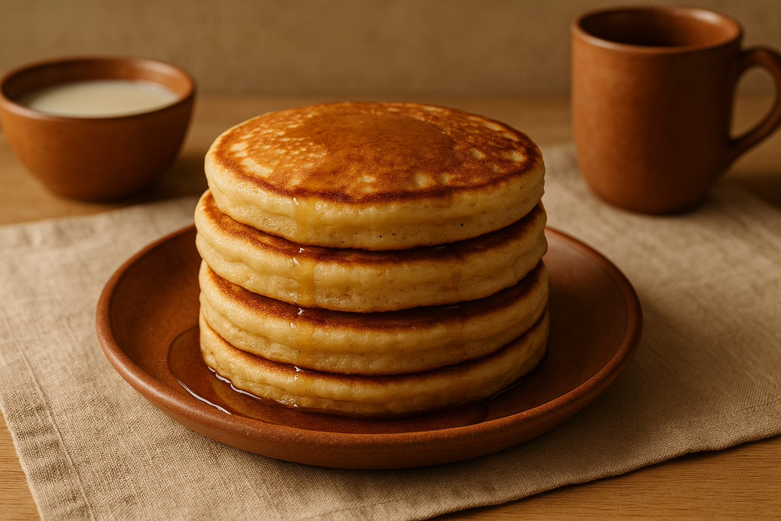 Pila de hot cakes esponjosos dorados con miel cayendo encima