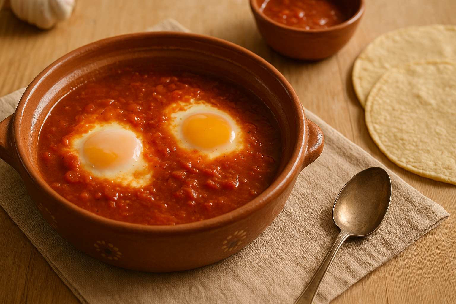 Sartén con cuatro huevos cocidos en salsa roja con cilantro fresco encima