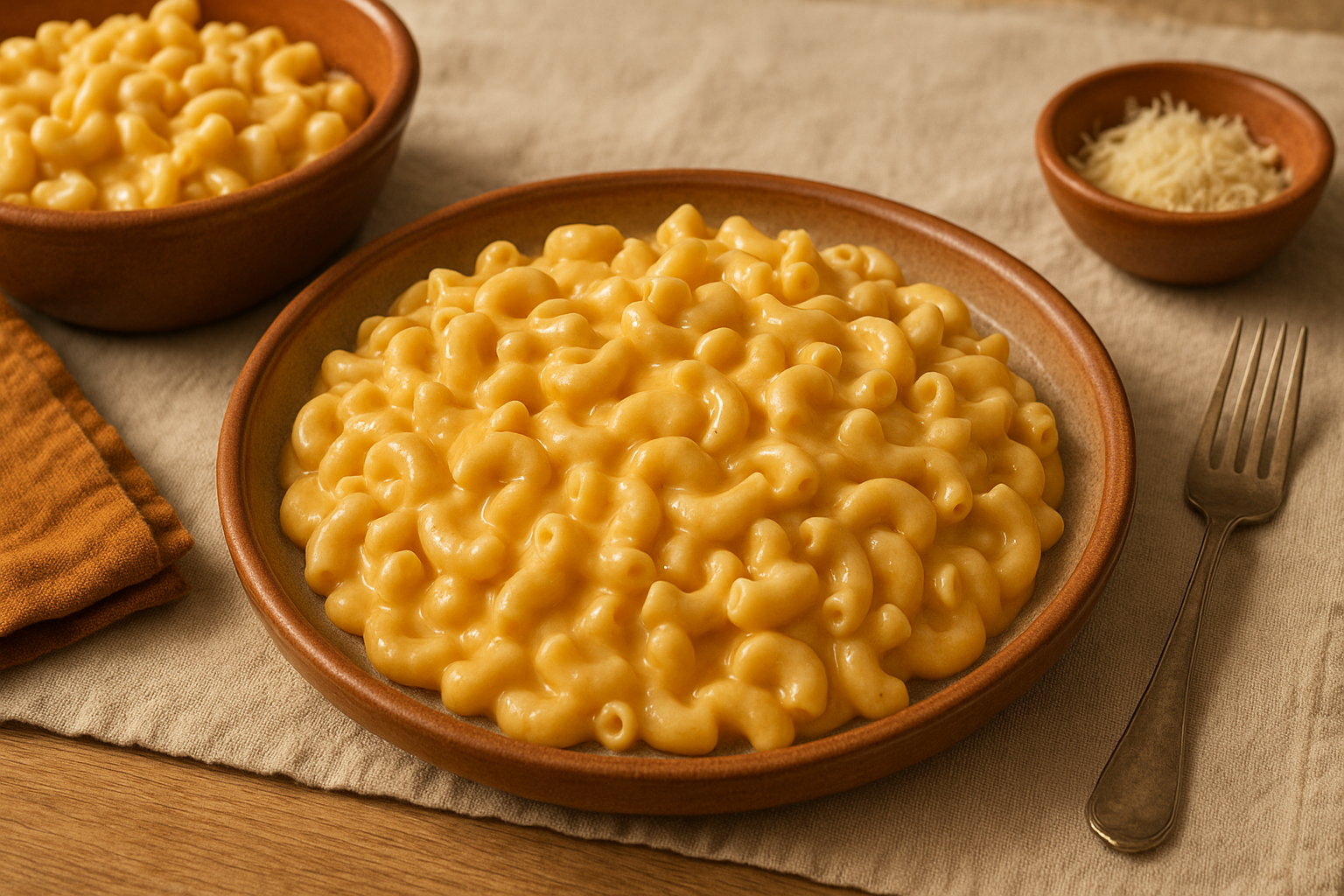 Plato hondo con macarrones cubiertos de salsa cremosa de queso amarillo