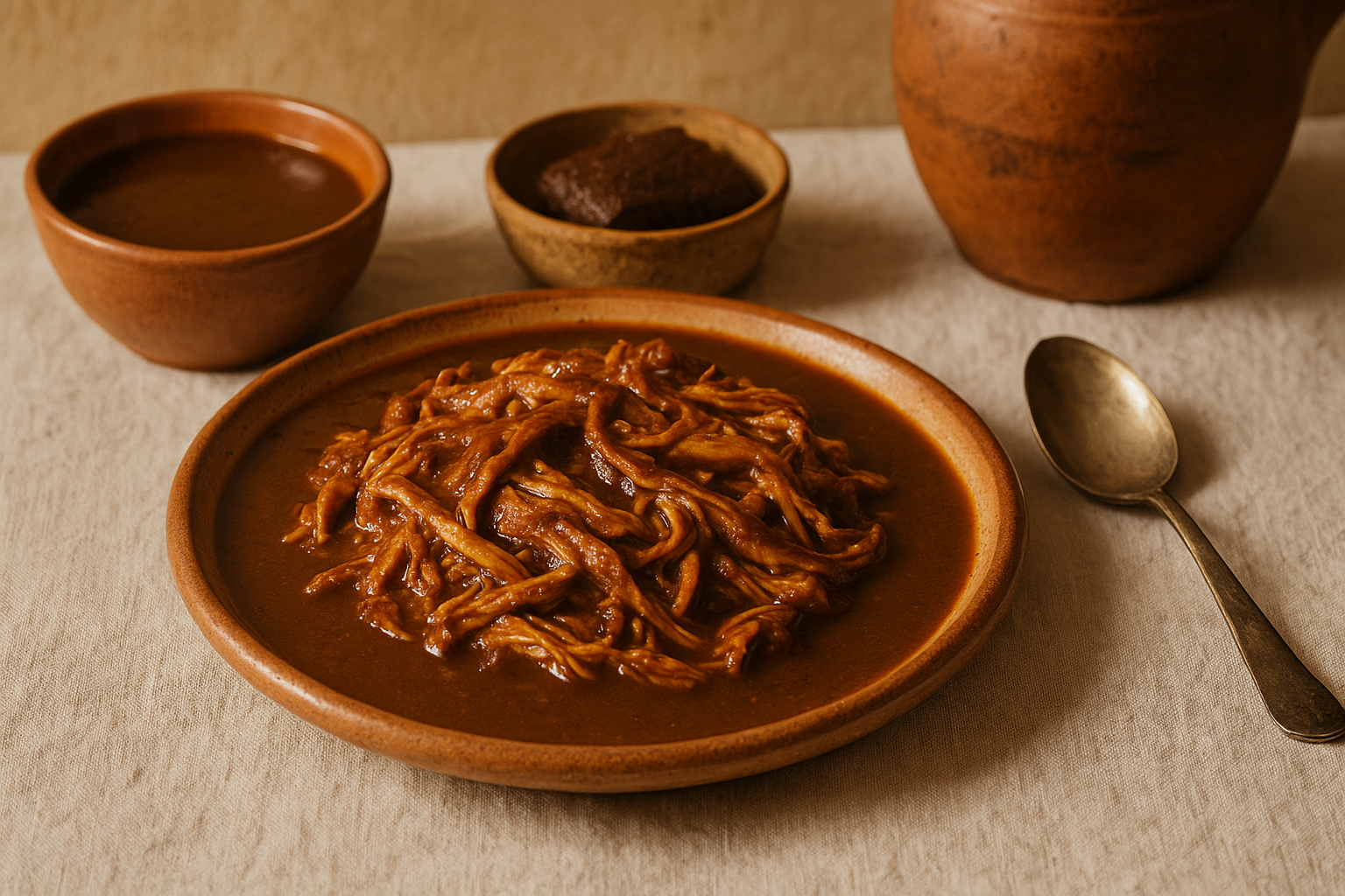 Plato hondo con pollo bañado en mole oscuro, cubierto de ajonjolí y arroz blanco al lado