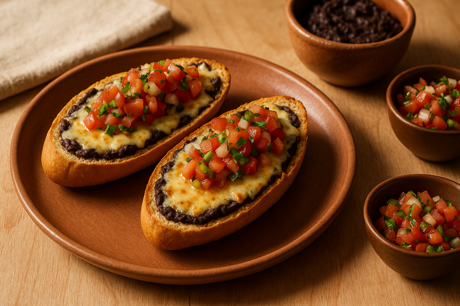 Bolillos abiertos con frijoles refritos, queso gratinado y pico de gallo encima