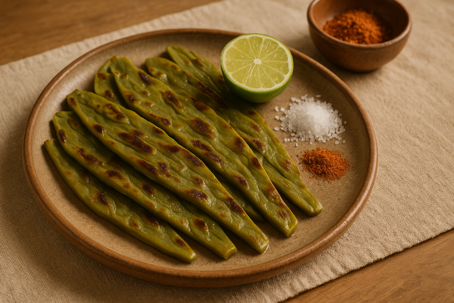 Pencas de nopal asadas con marcas del comal, sal de grano y limón al lado