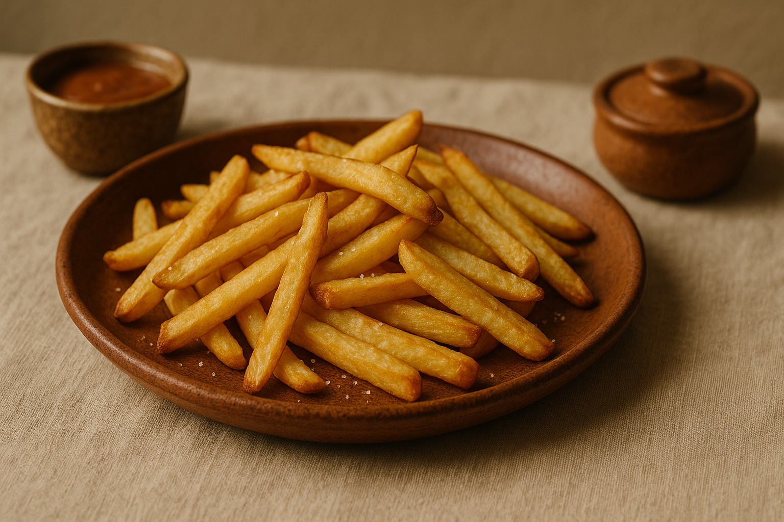 Plato con bastones de papa dorada y crujiente, espolvoreados con sal y perejil