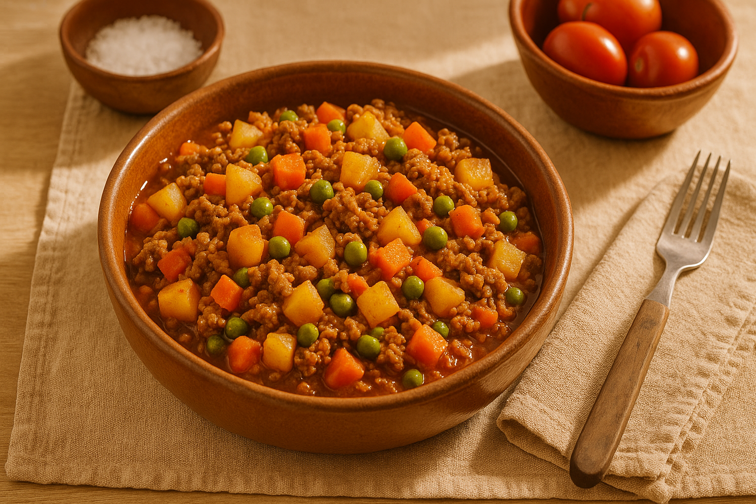 Sartén con picadillo de carne molida con cubos de papa, zanahoria y chícharos en salsa de jitomate