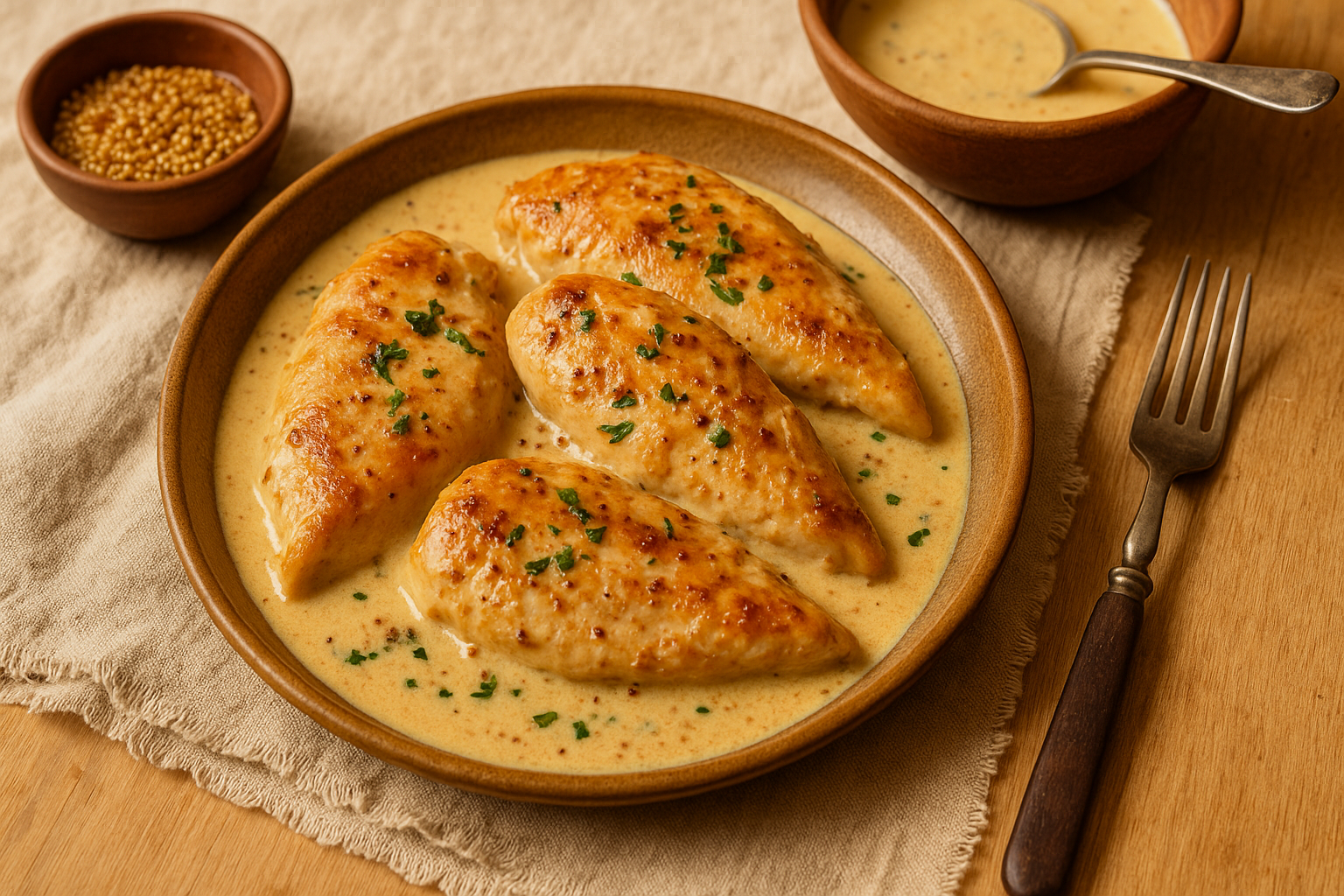 Sartén con pechugas de pollo doradas en salsa cremosa amarilla con perejil picado