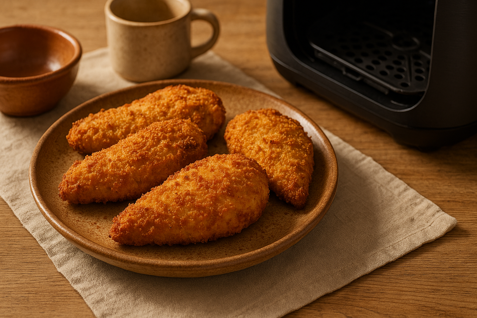 Pechugas de pollo empanizadas doradas saliendo de la canasta del air fryer
