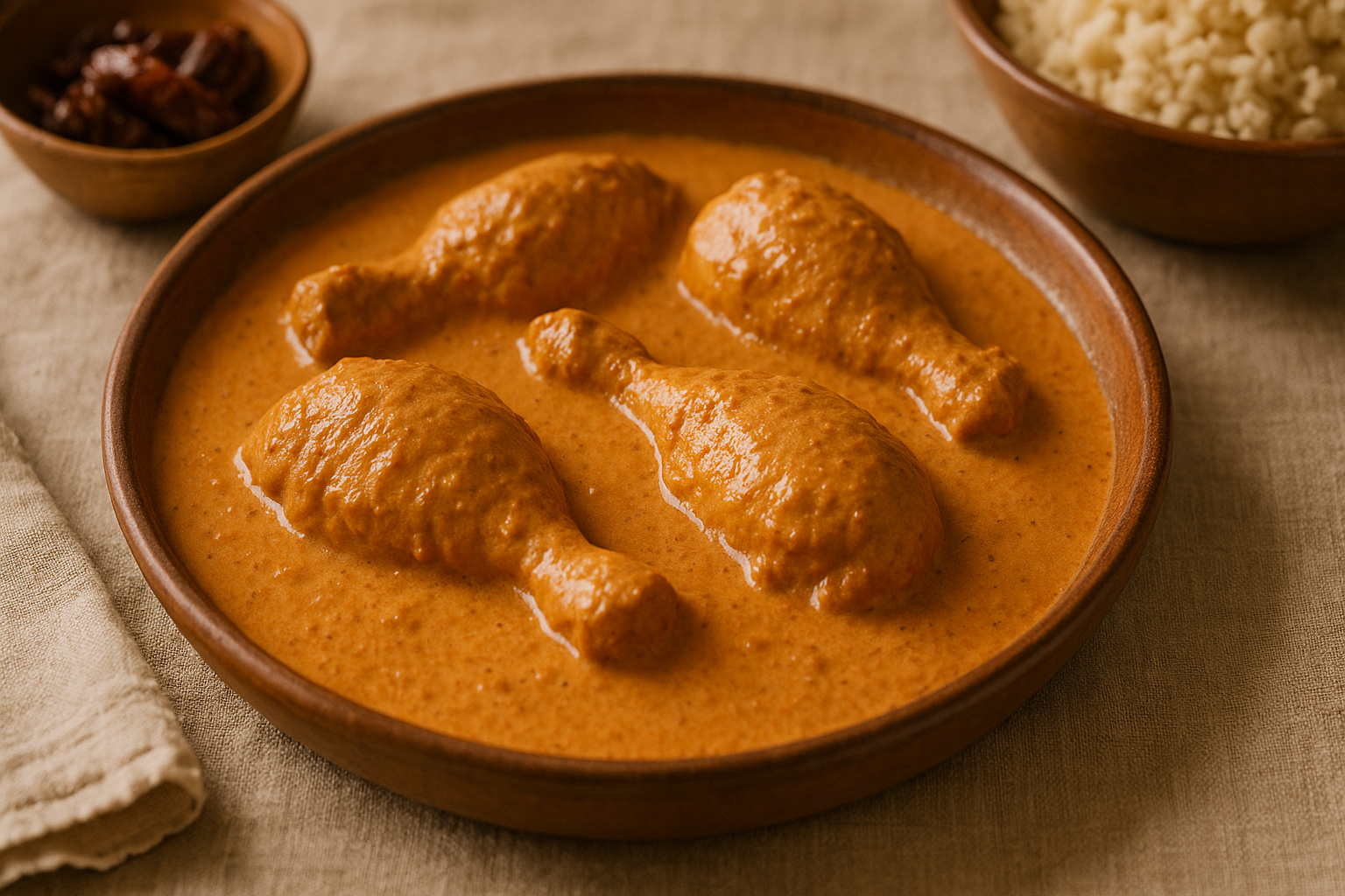 Plato con piezas de pollo bañadas en salsa cremosa de chipotle, color naranja profundo