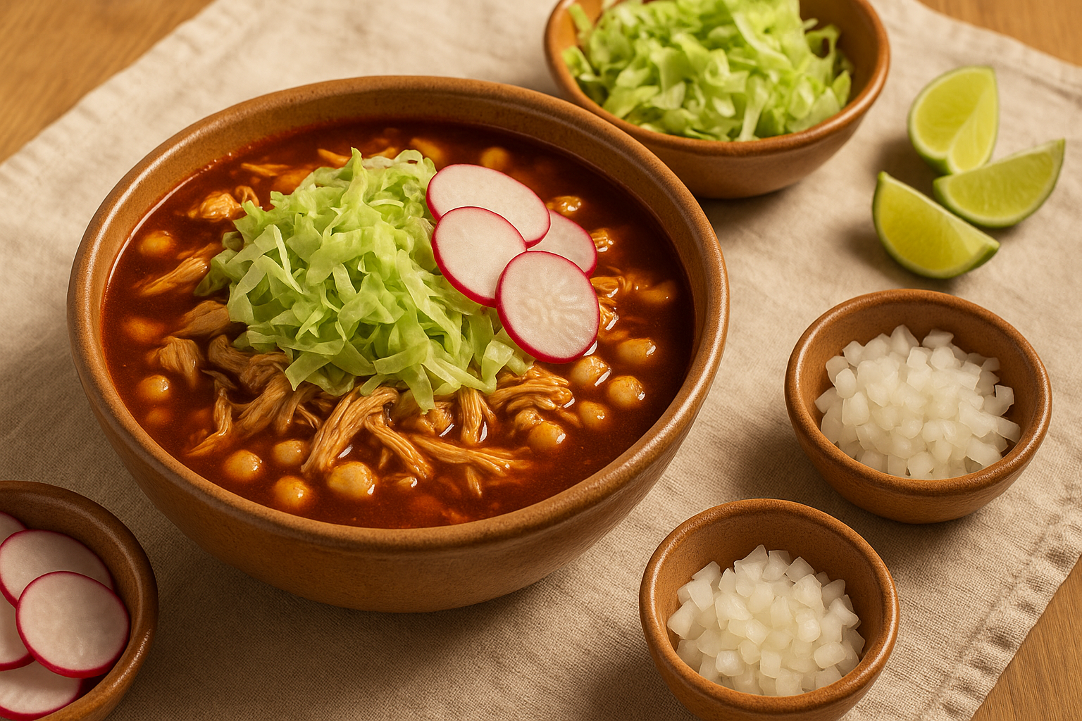 Cazuela de barro con pozole rojo, lechuga, rábano y cebolla en plato al lado