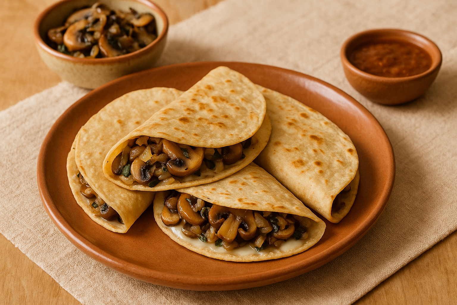 Quesadilla doblada de tortilla de maíz con queso derretido y champiñones al lado