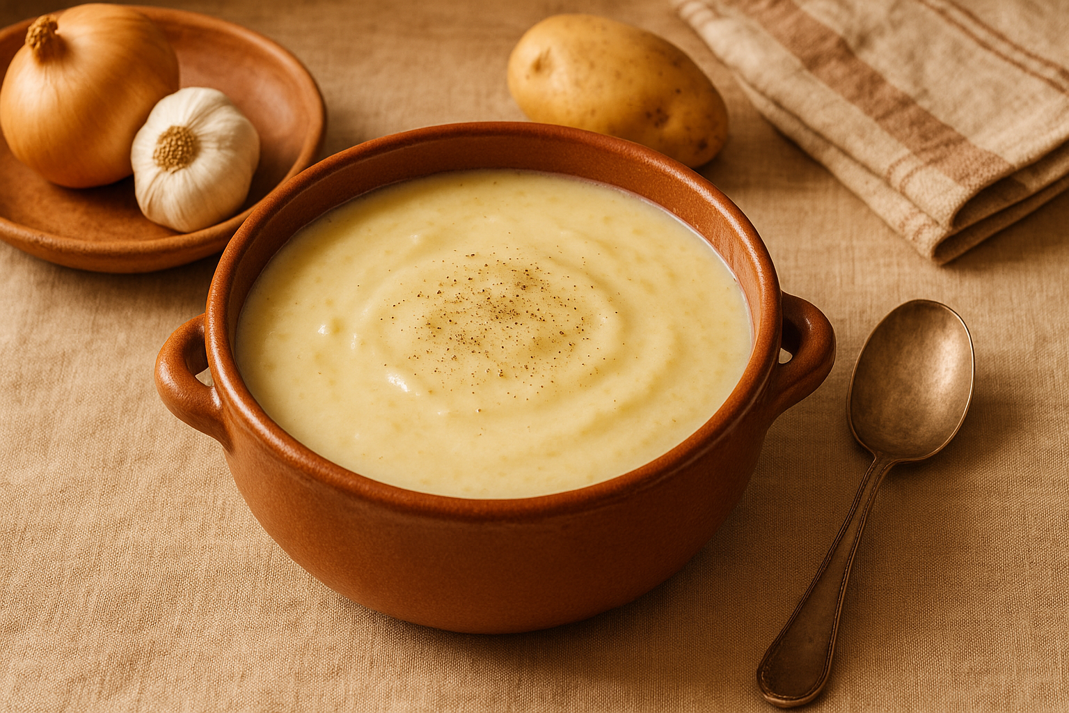 Plato hondo con sopa cremosa de papa con cebollín picado y rebanada de pan al lado