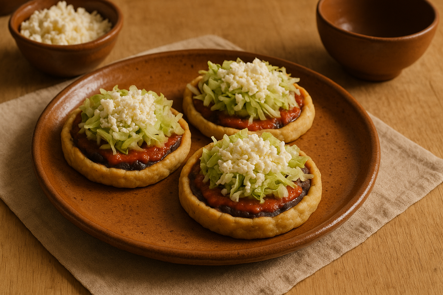Plato con tres sopes de masa con frijoles, salsa, lechuga y queso desmoronado encima