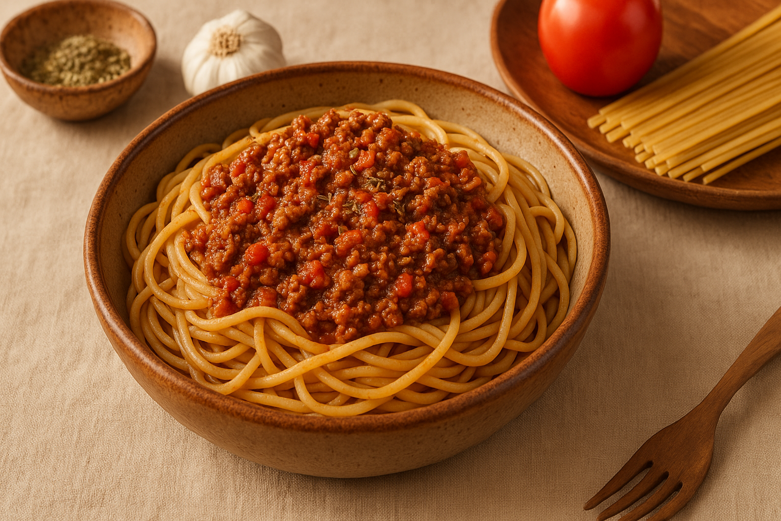 Plato hondo con spaghetti cubierto de salsa boloñesa con queso parmesano y albahaca