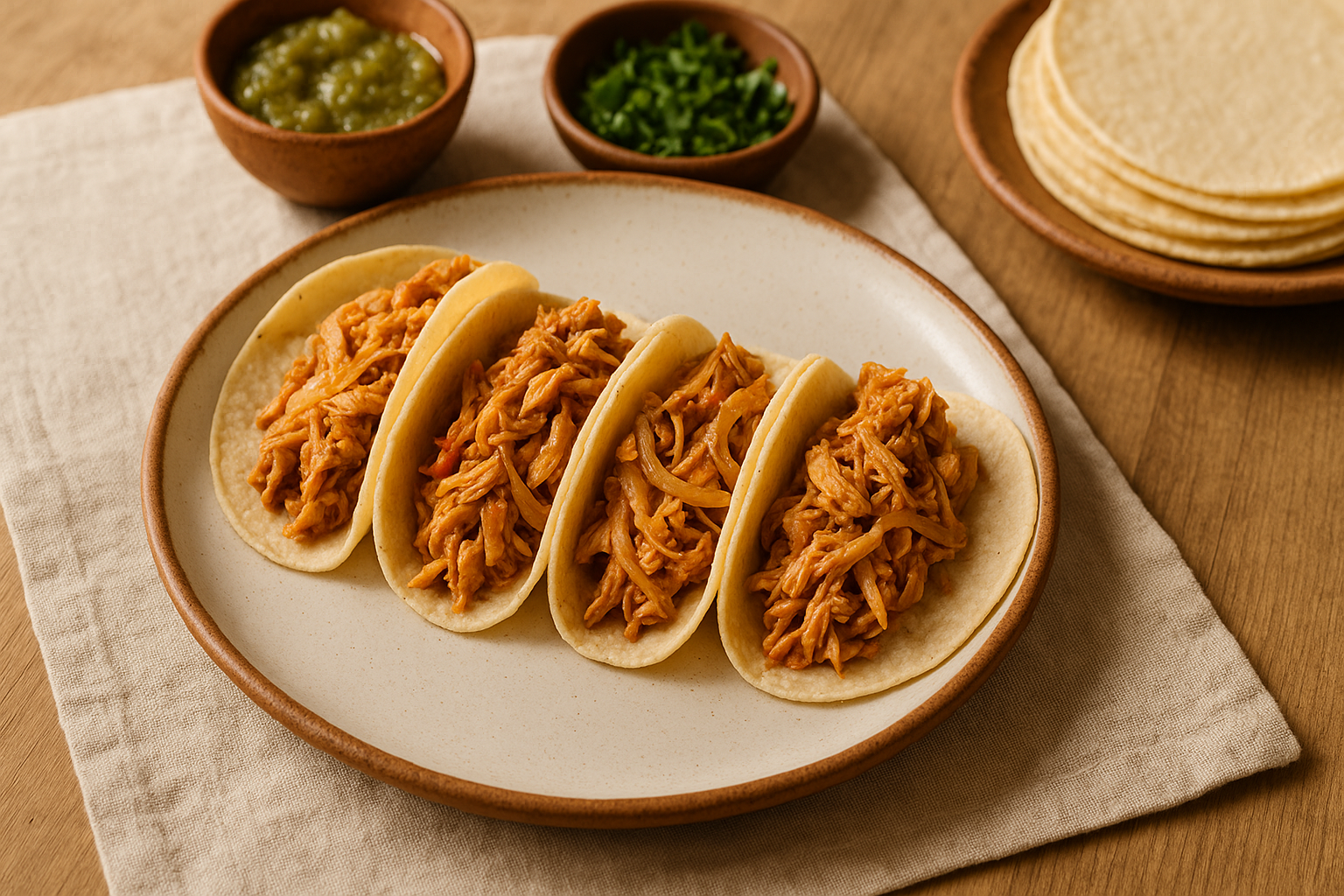 Plato con tres tacos de pollo deshebrado en tortilla de maíz, cilantro, cebolla y limón al lado