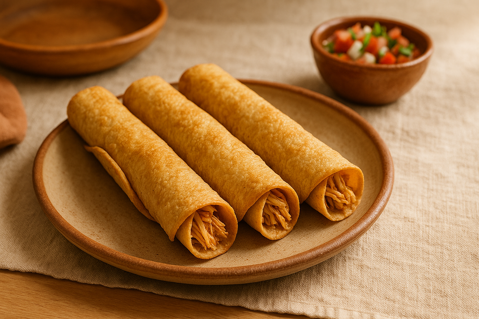 Plato con seis taquitos dorados crujientes con crema, queso y guacamole encima