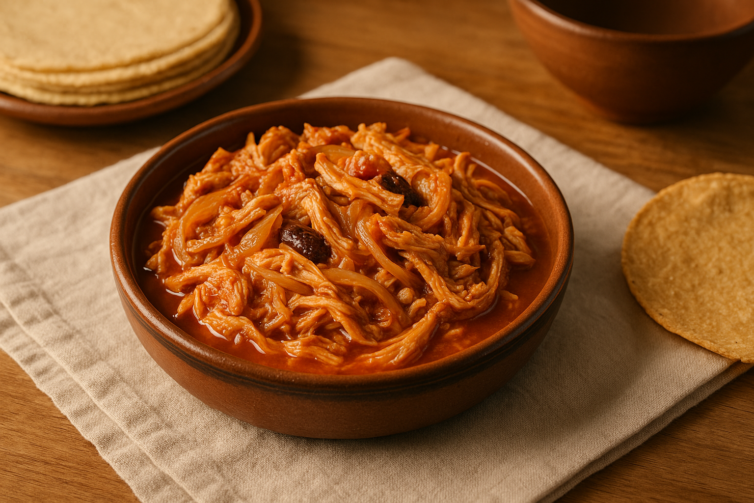 Plato con tinga de pollo en salsa roja con cebolla en tiras y aguacate al lado