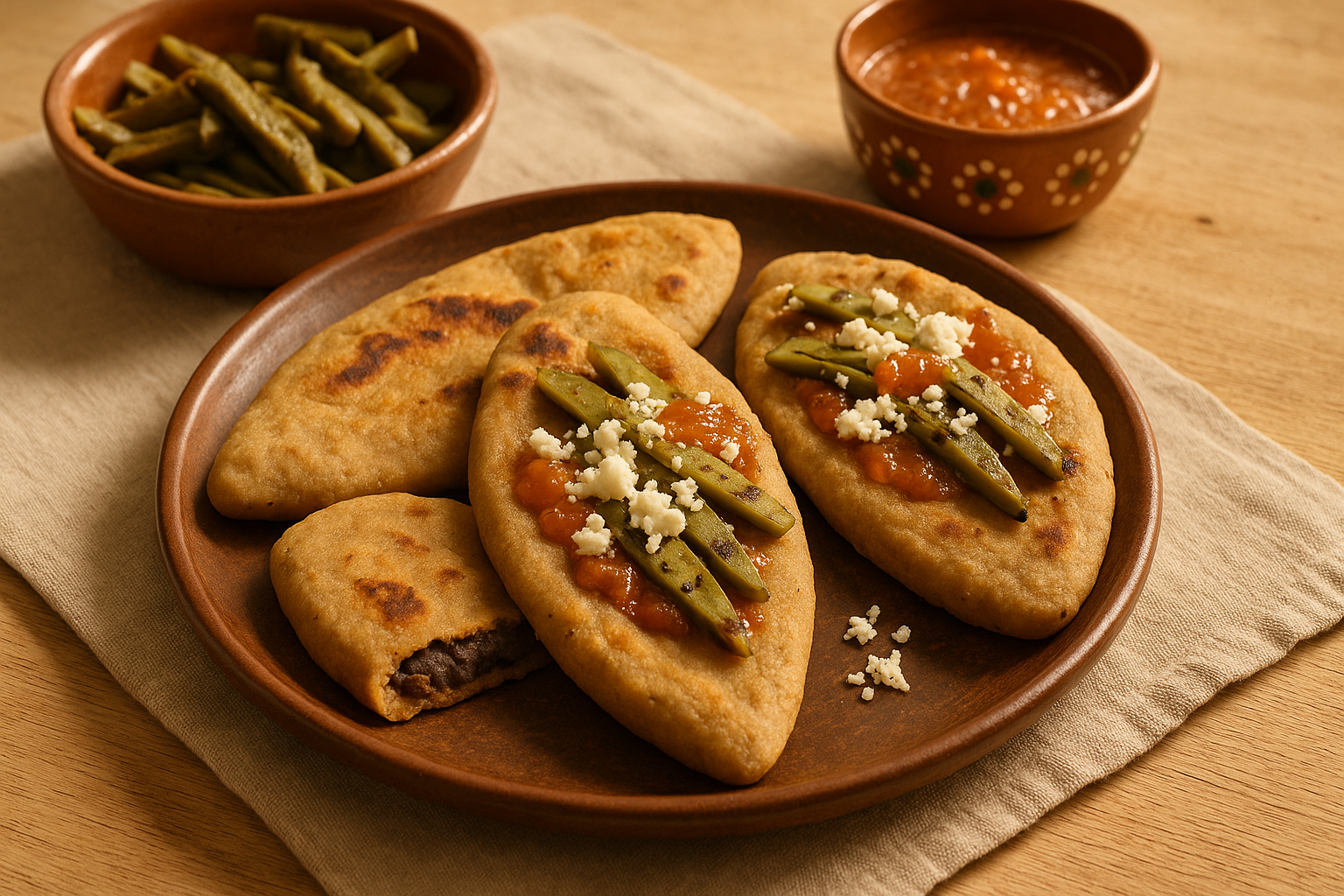 Comal con tlacoyos ovalados de masa con queso fresco, salsa y nopales encima