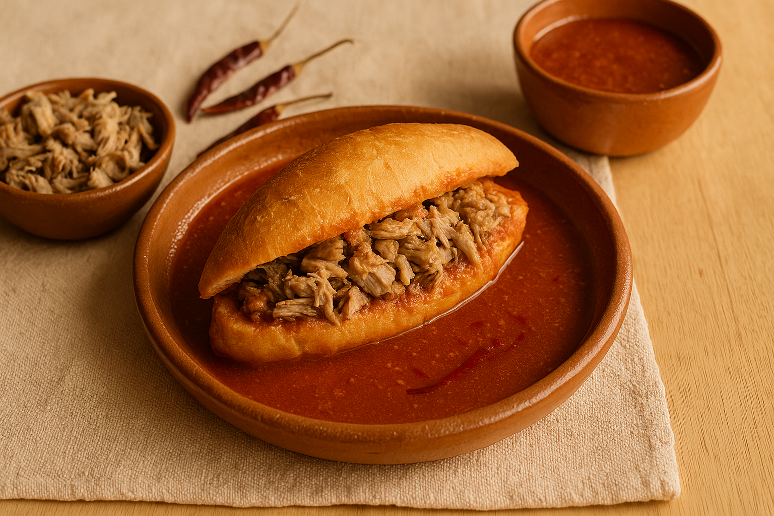 Plato hondo con torta ahogada bañada en salsa roja y cebolla morada curtida encima