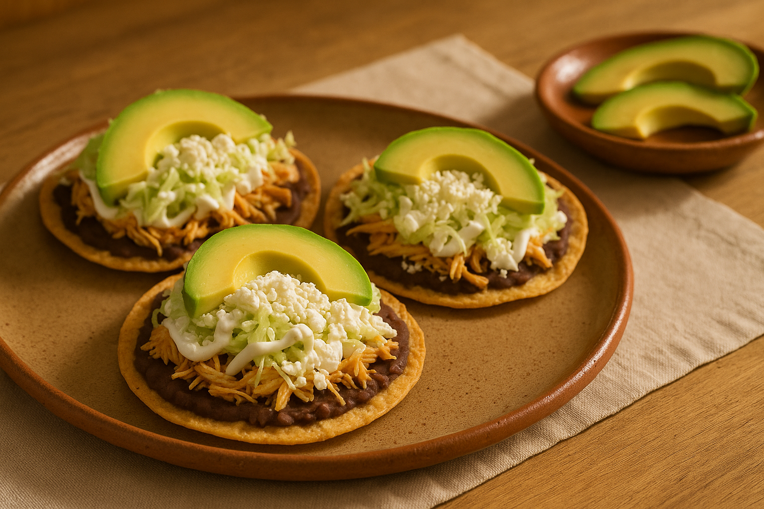 Tres tostadas de pollo deshebrado con lechuga, crema, queso fresco y aguacate